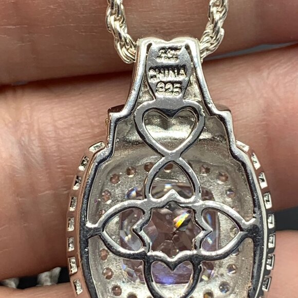 Solid 925 Sterling Silver 5CT Modified Square Cut CZ Pendant on 20" Rope Chain - Picture 8 of 14